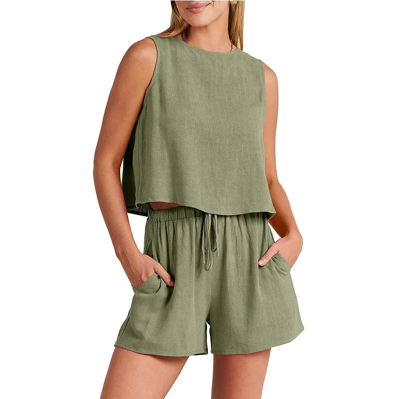 Women's two-piece summer set with sleeveless top and drawstring shorts in rayon linen material