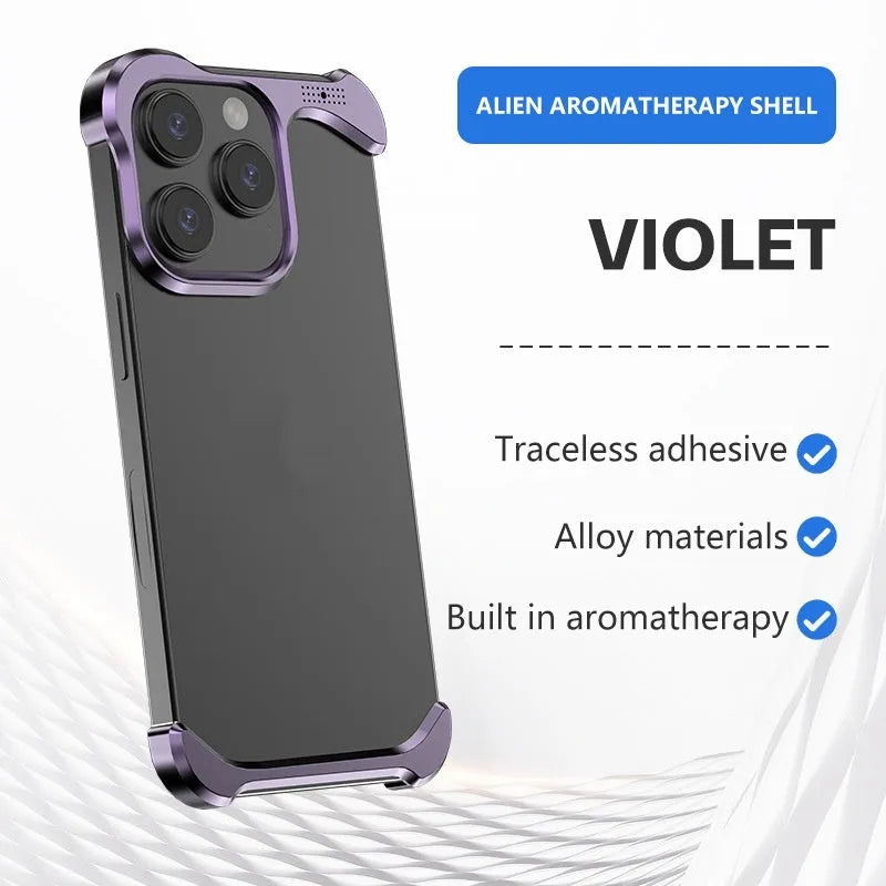 Special-shaped aromatherapy aluminium alloy hollow phone case in black for iPhone 14 Pro Max