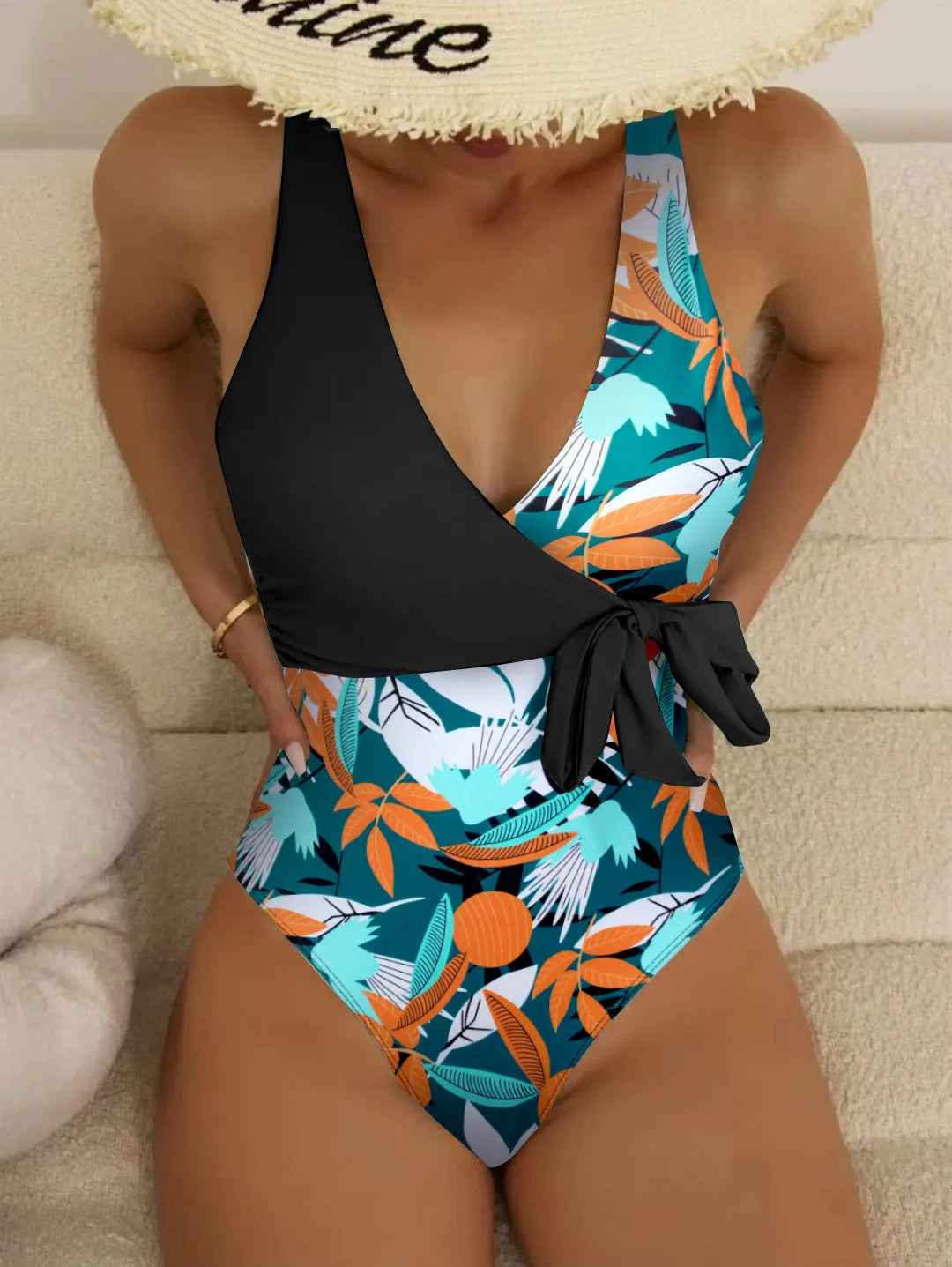 Women's high waist one-piece swimsuit in printed pattern, available in black or white.