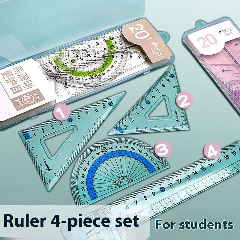 Youpai transparent acrylic drawing ruler set with square protractor and triangle rulers on a technical sketch.