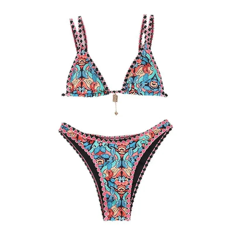 Women's printed polyester bikini swimwear in retro four-colour pattern