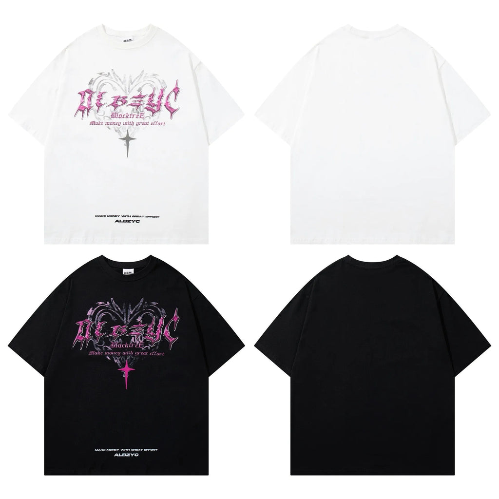Men's black retro print cotton t-shirt with short sleeves and round neck.