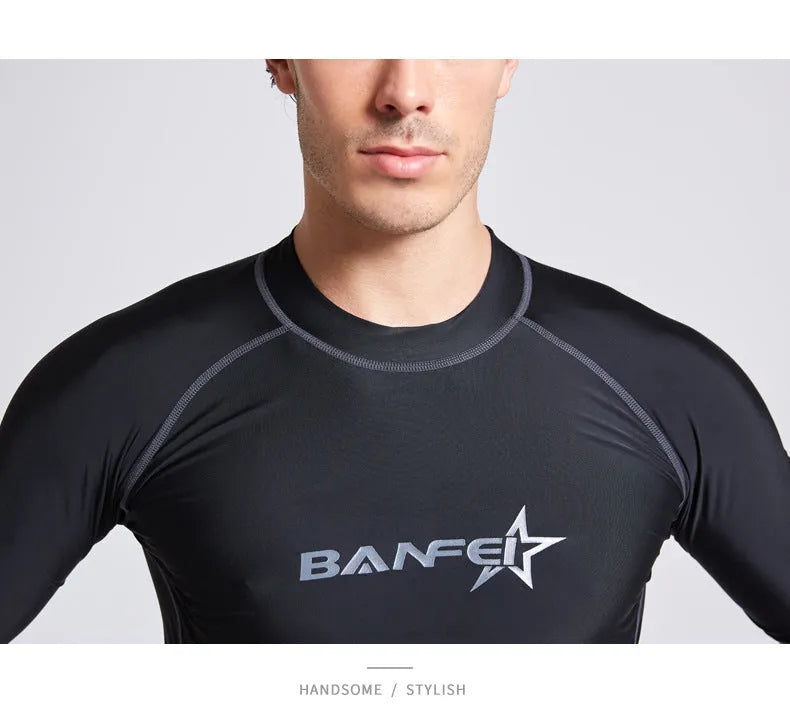 Men's blue quick-drying half sleeve nylon swimsuit set with swim top and pants for snorkelling