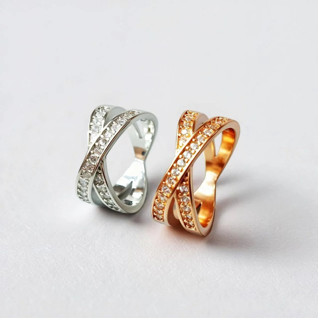 Geometric cross design ring with micro-inlaid zircon details in silver or rose gold electroplated finish