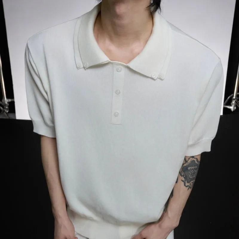 Men's black short sleeve shirt with double lapel collar in loose fit