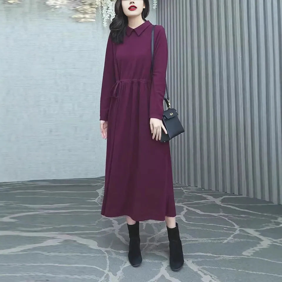 Purplish red women's plus size dress with extra long sleeves and long skirt for autumn winter wear