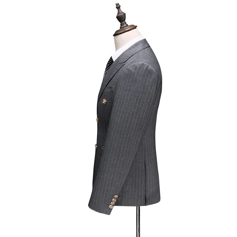 Grey men's 3 piece suit set including coat, waistcoat, and trousers made from acetate fibre