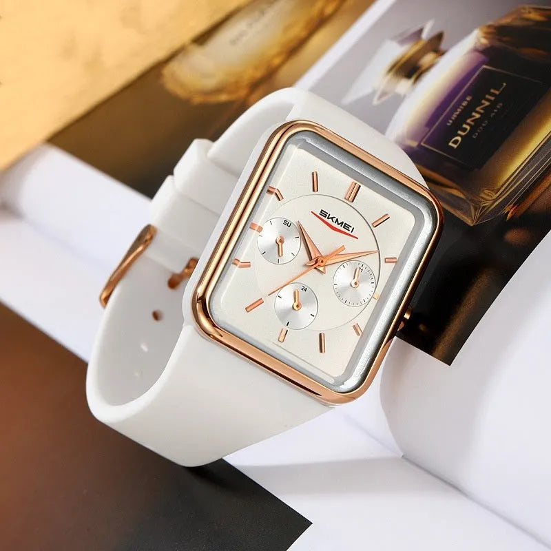Square waterproof women's watch in silicone with multifunctional display and 10.8mm thickness