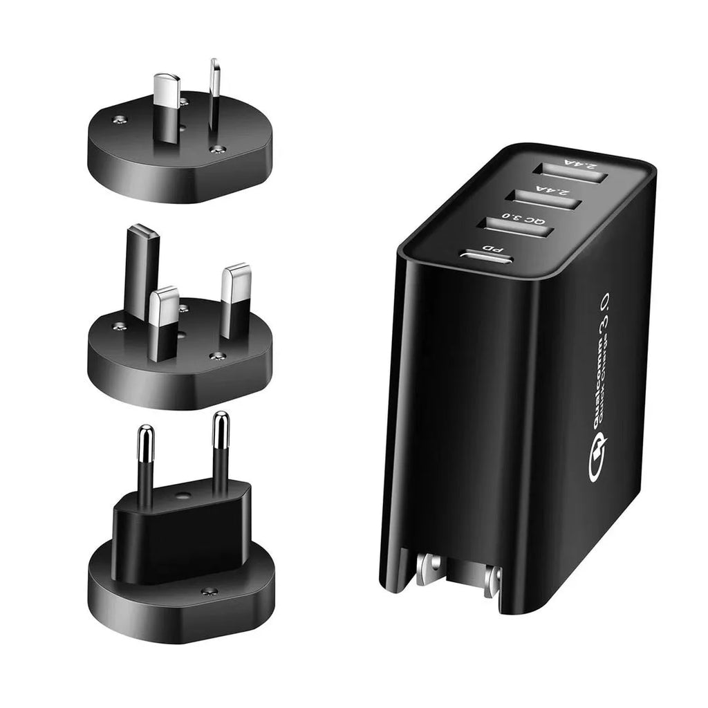 White multi-port fast charger with Power Delivery and Quick Charge support showing USB-C and USB-A ports