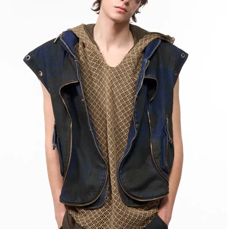 Blue hooded denim vest coat with matching trousers set in Korean style