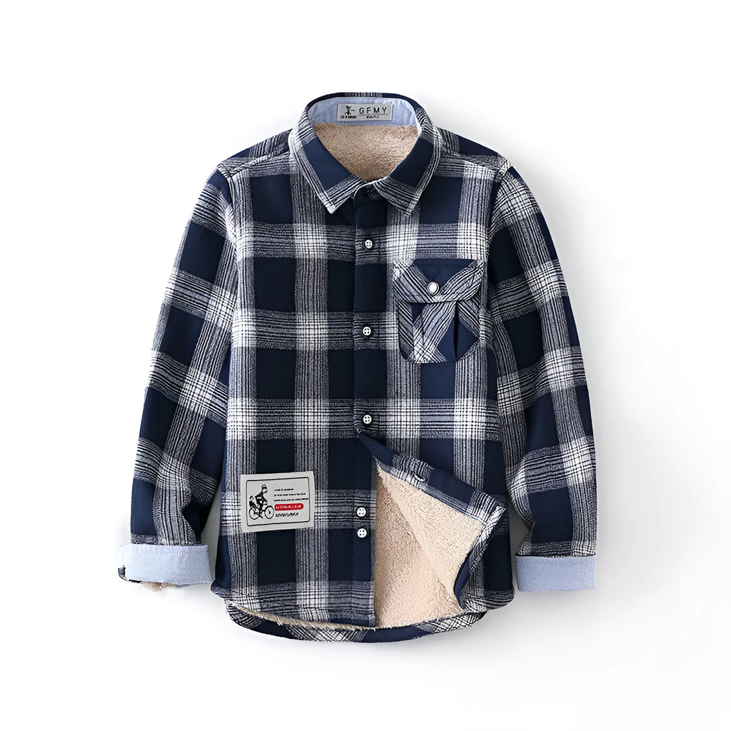 Boys plaid long sleeve slim fit cotton shirt in green with grid pattern
