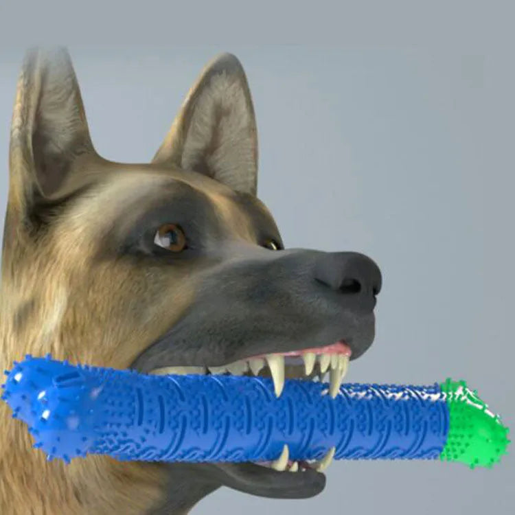 Blue-green silicone dog dental chew toy with brush head design and gum massage nodules for teeth cleaning