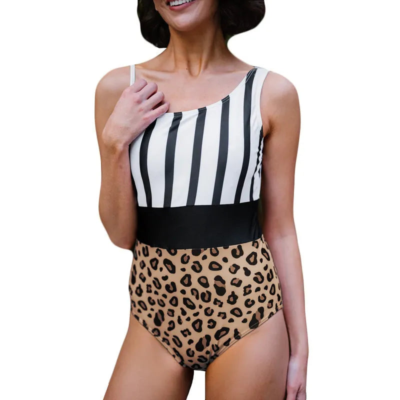 Leopard print one-piece swimsuit for women with an asymmetric collar and high waist.