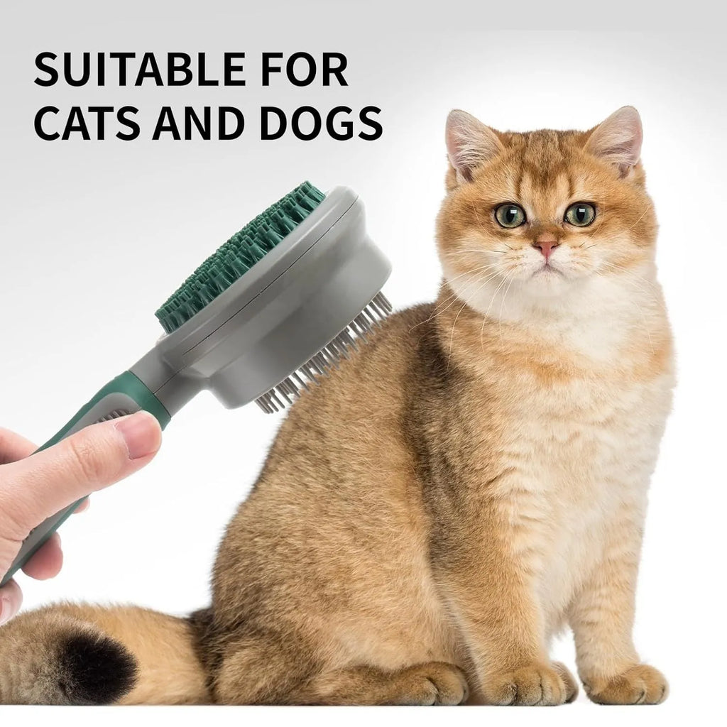 Two-sided pet grooming brush showing slicker brush side and silicone massage side in green colour