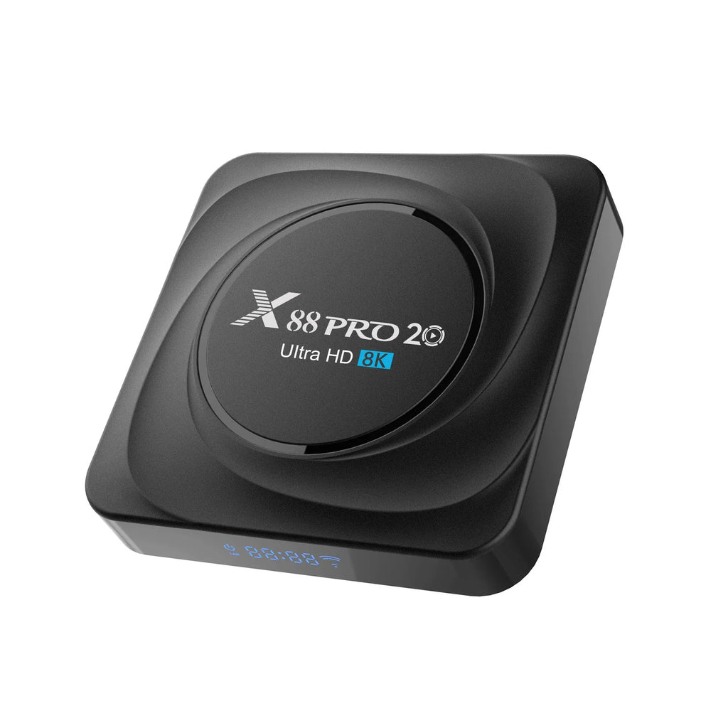 Android TV set-top box with remote control and HDMI cable on a colour box packaging.