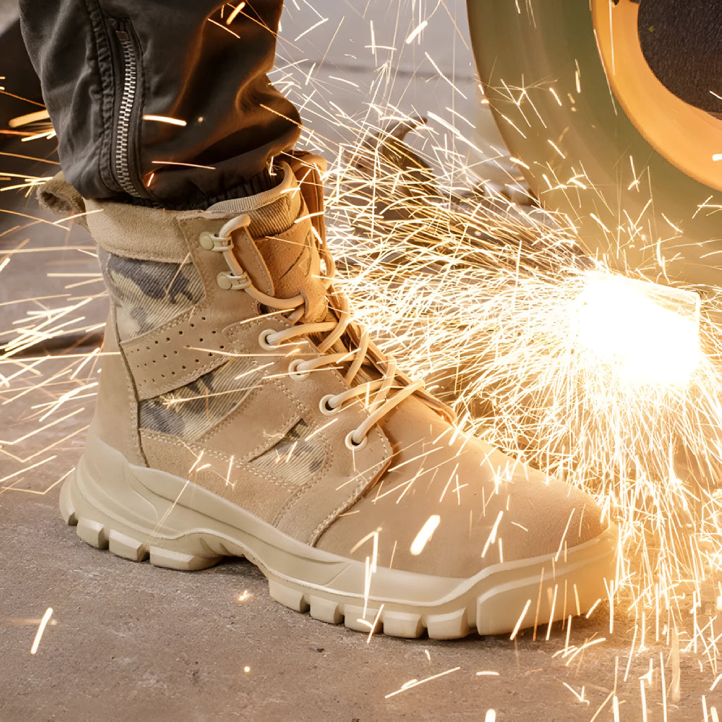 Khaki suede high-top combat boots with steel toe cap and lace-up front closure