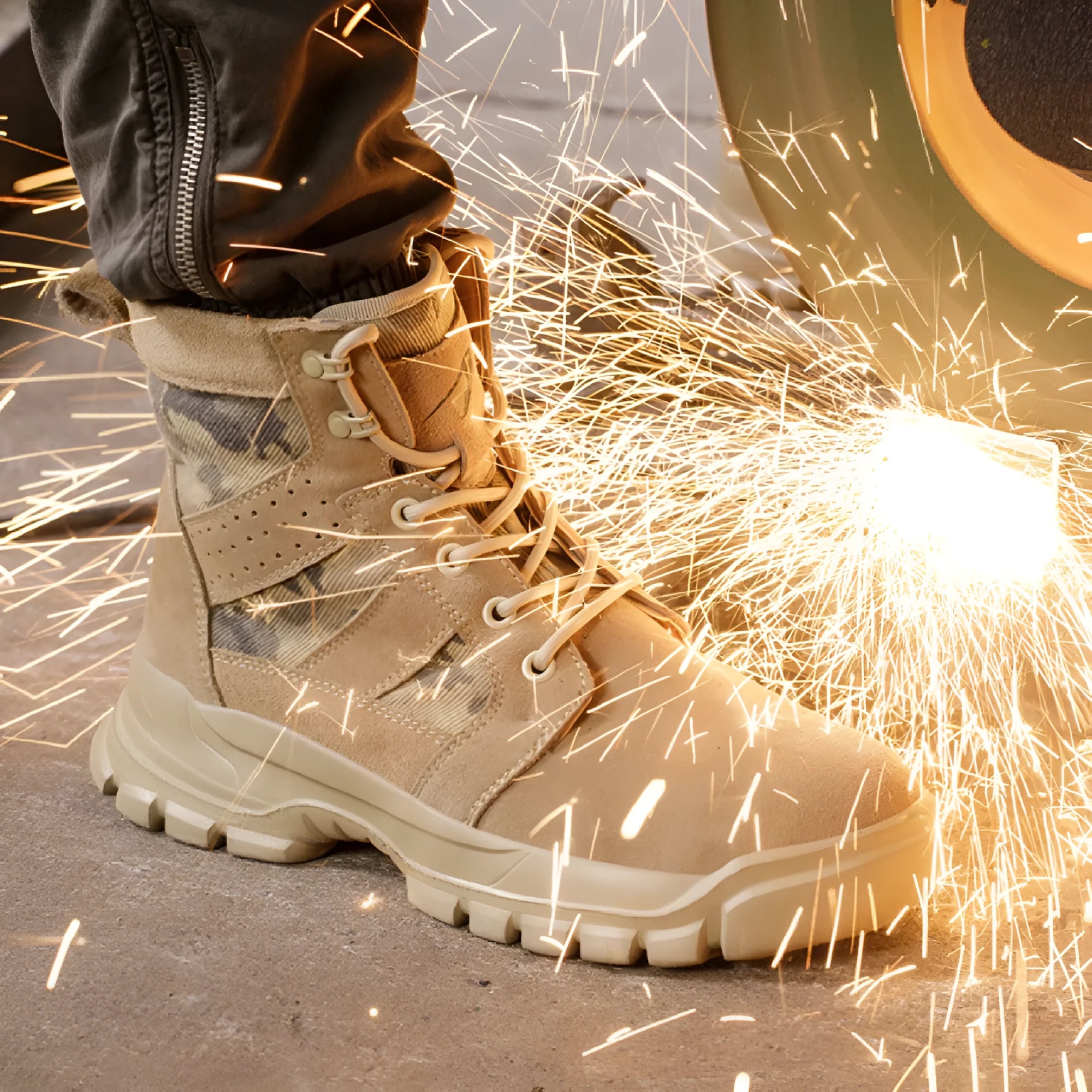 Khaki suede high-top combat boots with steel toe cap and lace-up front closure