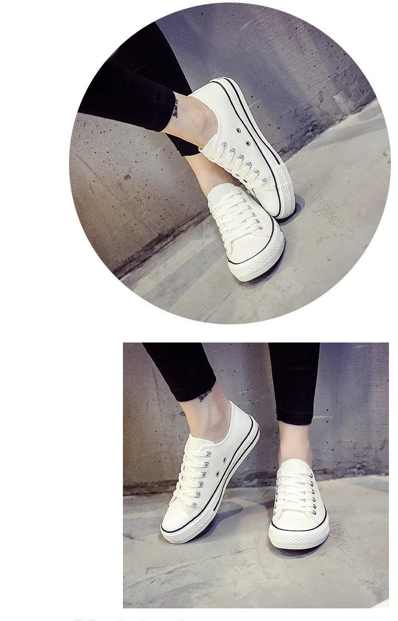 Women's solid colour canvas summer shoes available in black, white black, white red, and all black colour options.