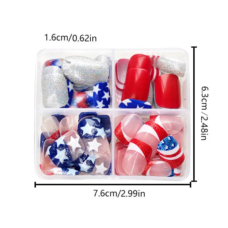 Red, white, and blue false nail set with large American star pattern, square shape.
