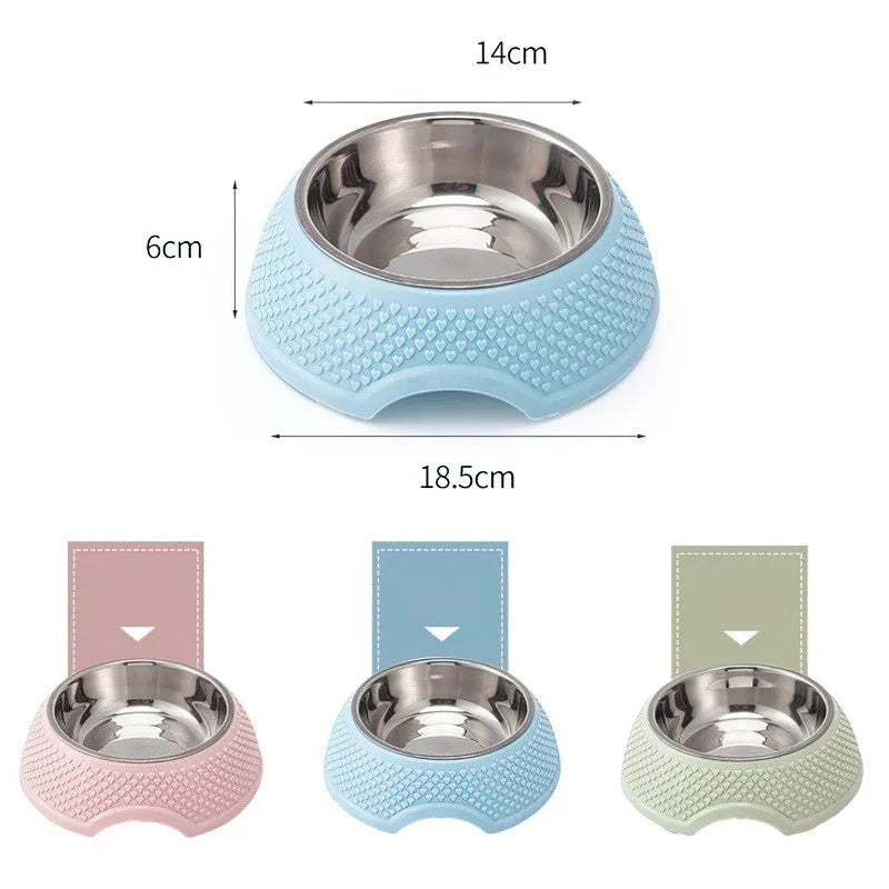 Stainless steel pet bowl with non-slip base in blue, green, or pink colours