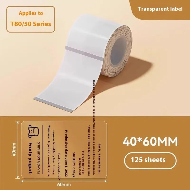 Transparent waterproof adhesive label pack showing multiple size options on thermal synthetic paper