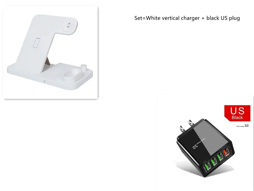 4-in-1 wireless charging station showing phone, Apple Watch, AirPods and Apple Pencil charging simultaneously on adjustable stand