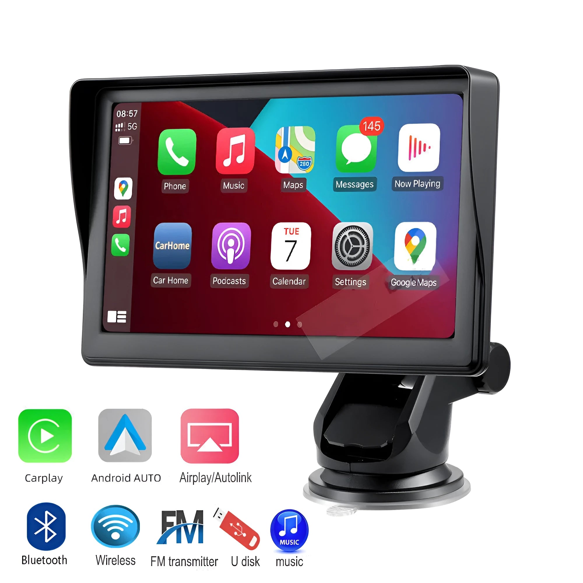 7-inch portable car smart display with retractable bracket mounted on windshield showing navigation interface