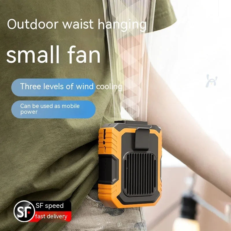 Wrist-worn personal fan with LED light and USB charging port in green, orange, pink, or white colours