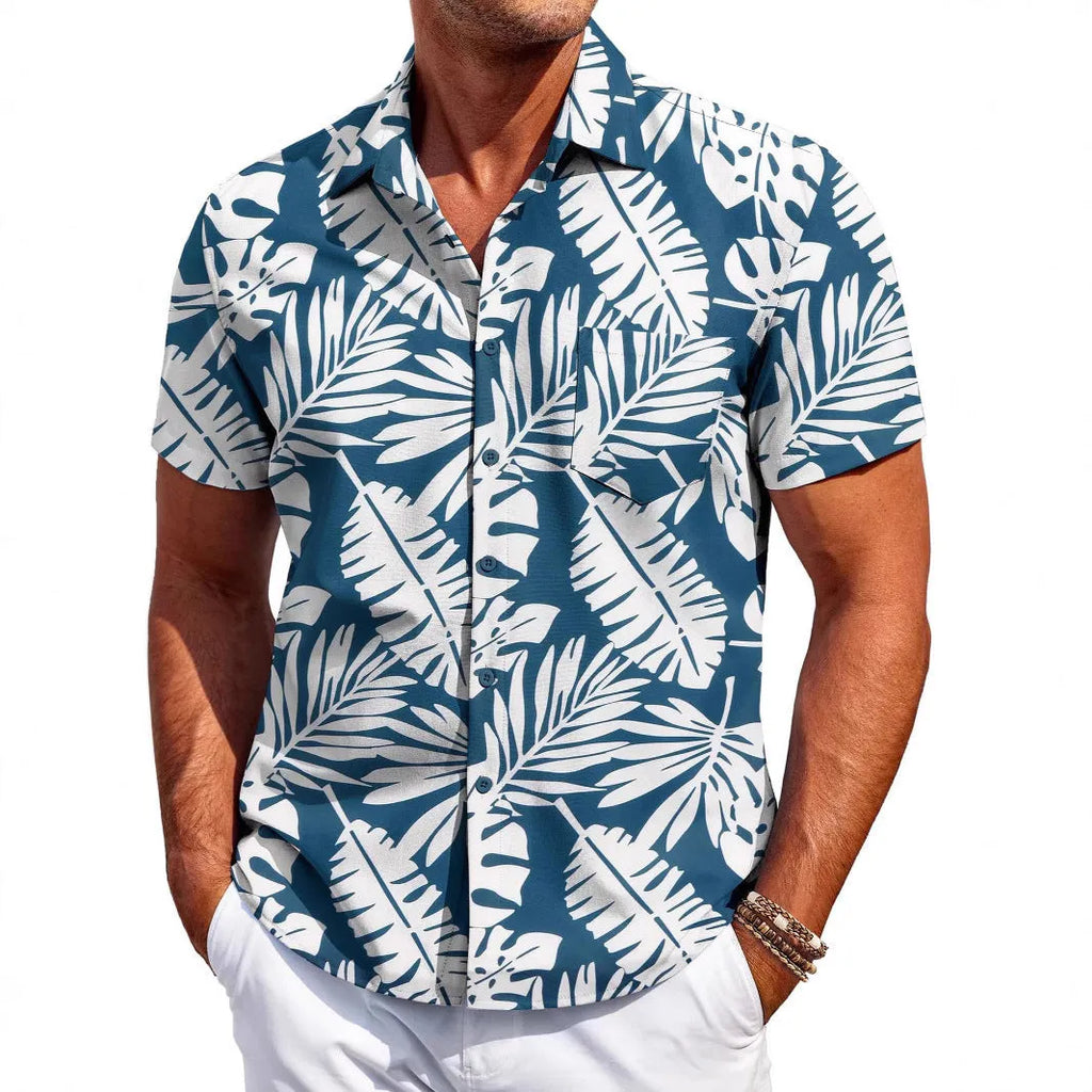 Men's slim-fit Hawaiian shirt cardigan in elastic polyester fabric with short sleeves