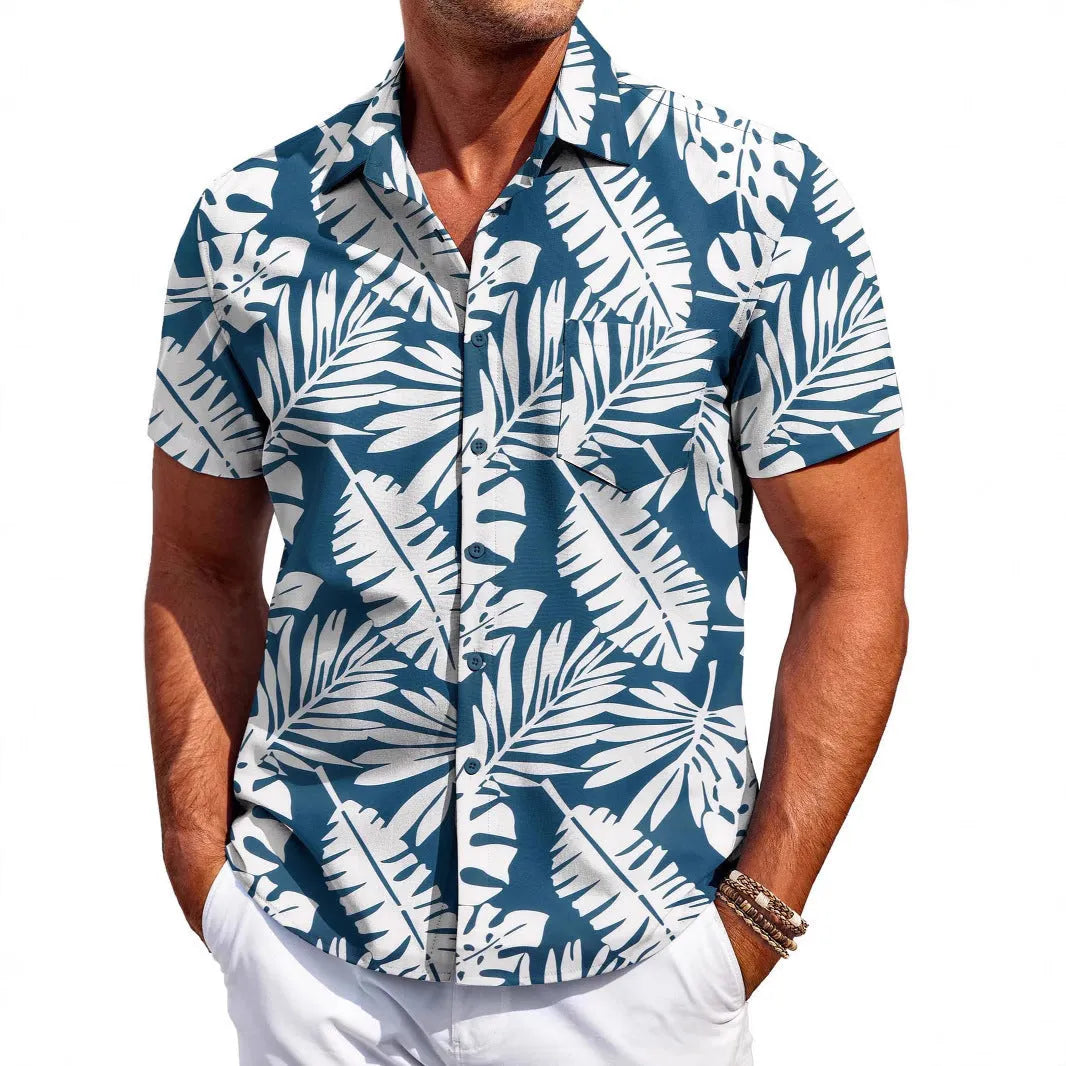 Men's slim-fit Hawaiian shirt cardigan in elastic polyester fabric with short sleeves