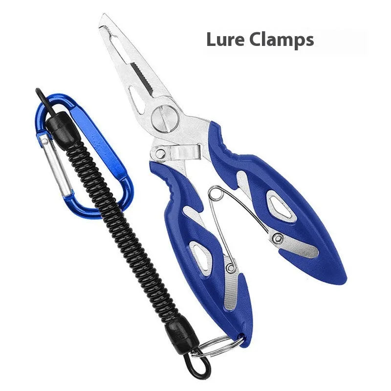 Stainless steel curved mouth lure cable cutters in black with split ring opener function
