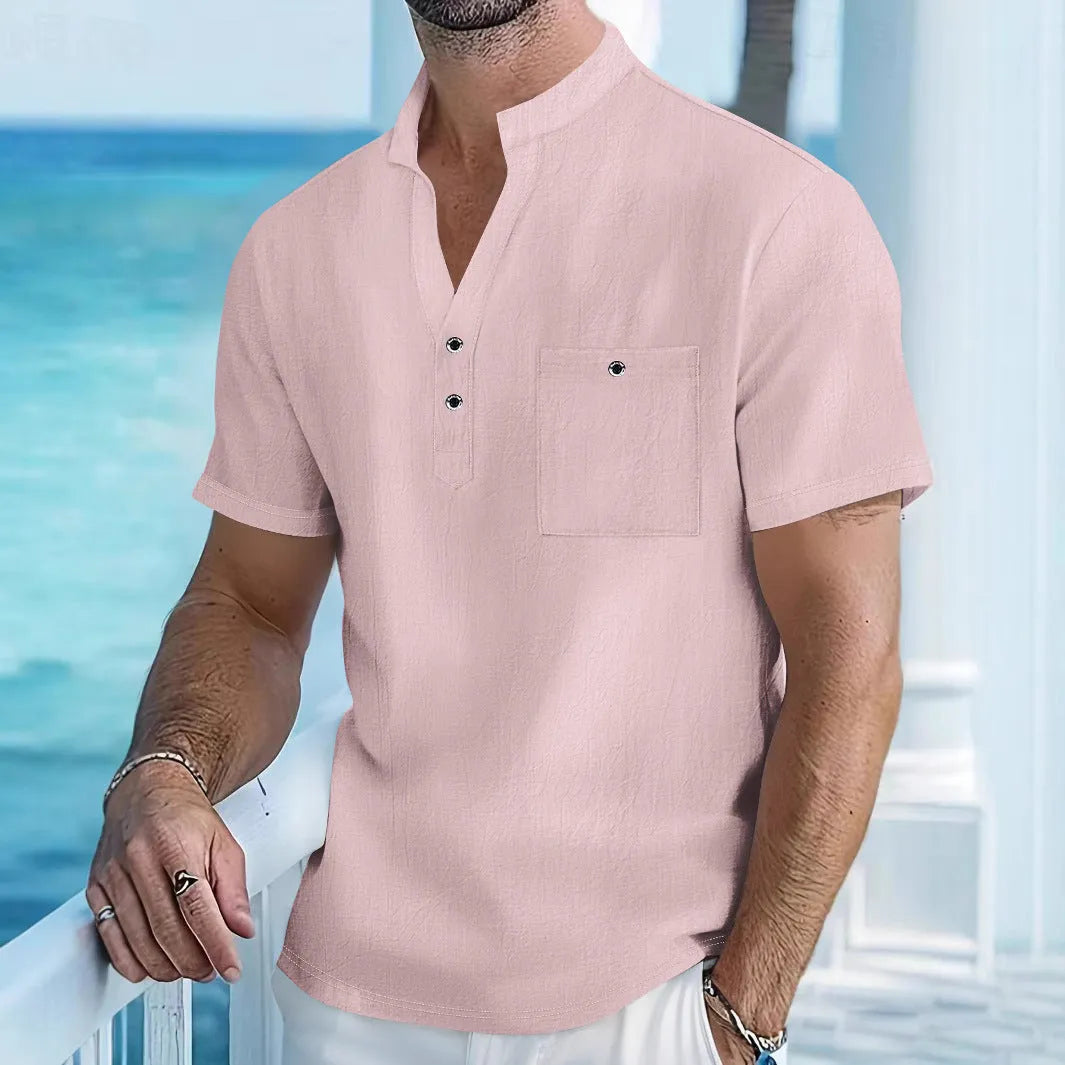 Men's linen stand collar short sleeve T-shirt in light blue solid colour loose fit