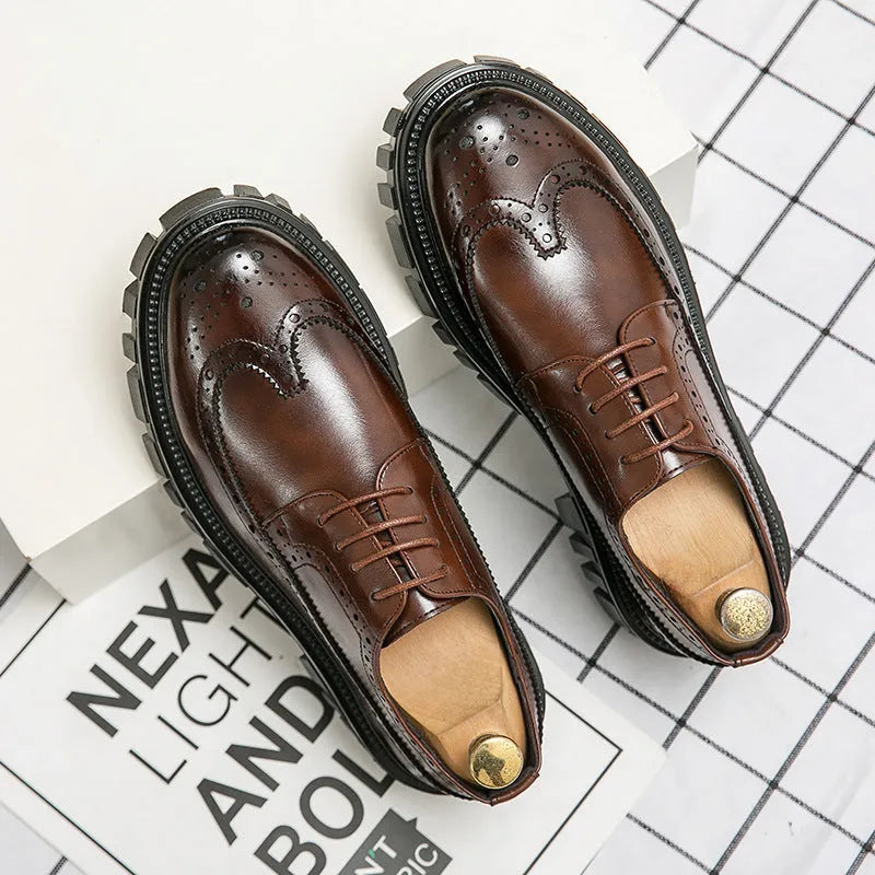 Men's black and brown artificial PU brogue shoes with round toe for business wear