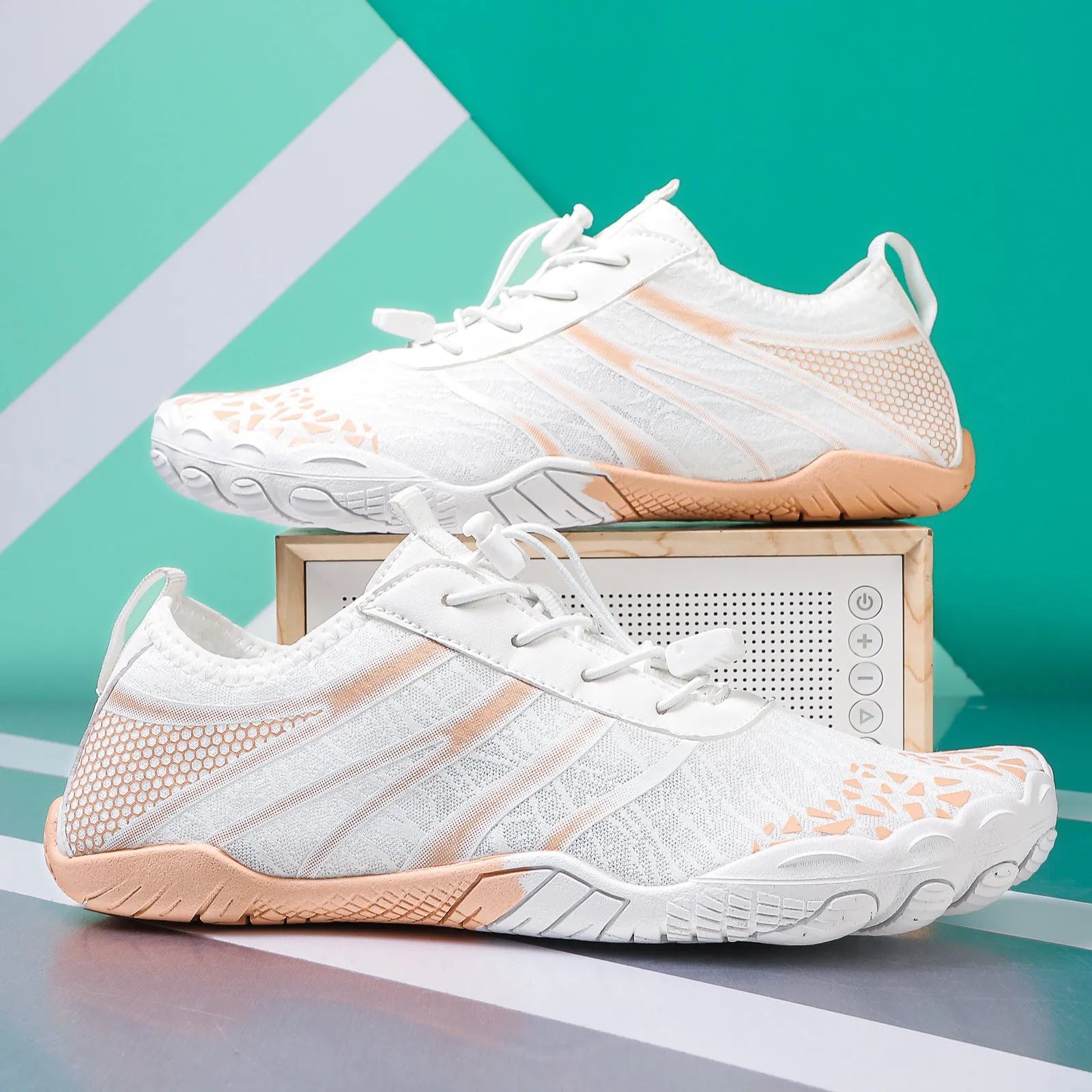 Beach running shoes with Lycra stretch fabric upper shown in multiple colours including beige and white pink.