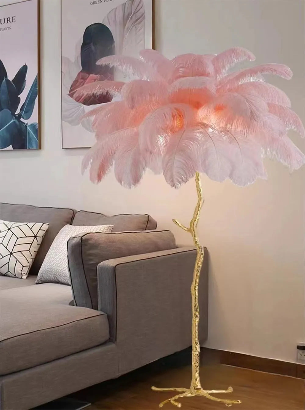Tall decorative floor lamp with many resin feathers in choice of dark green, pink or white colour