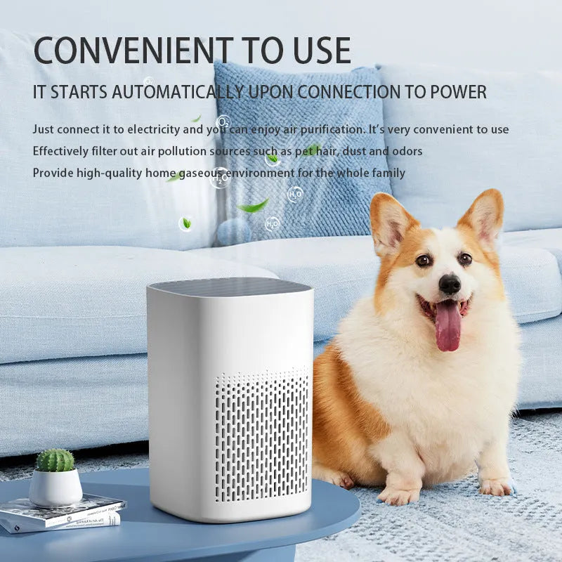 Compact white desktop air purifier with USB cable on wooden desk