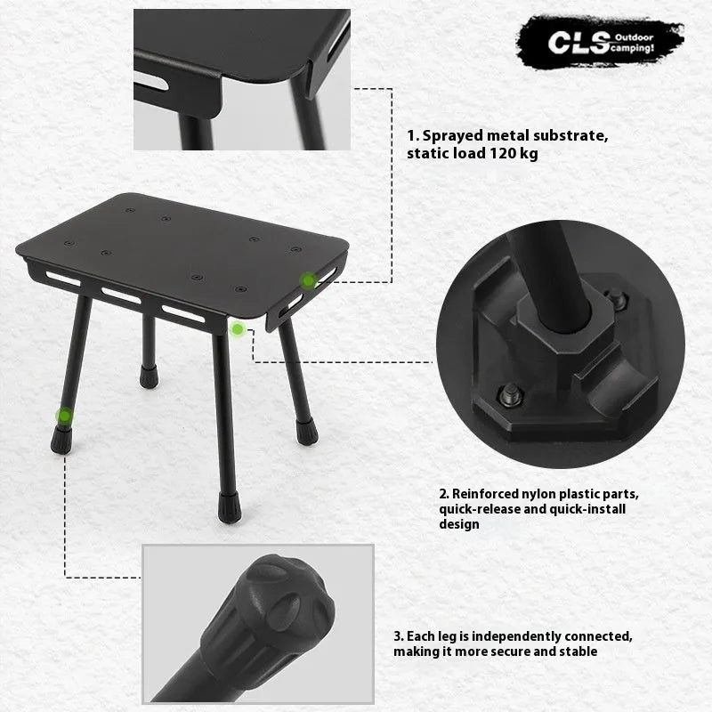CLS aluminium alloy dual-use folding camping stool shown in tactical colour, set up as both a seat and a small raised table.