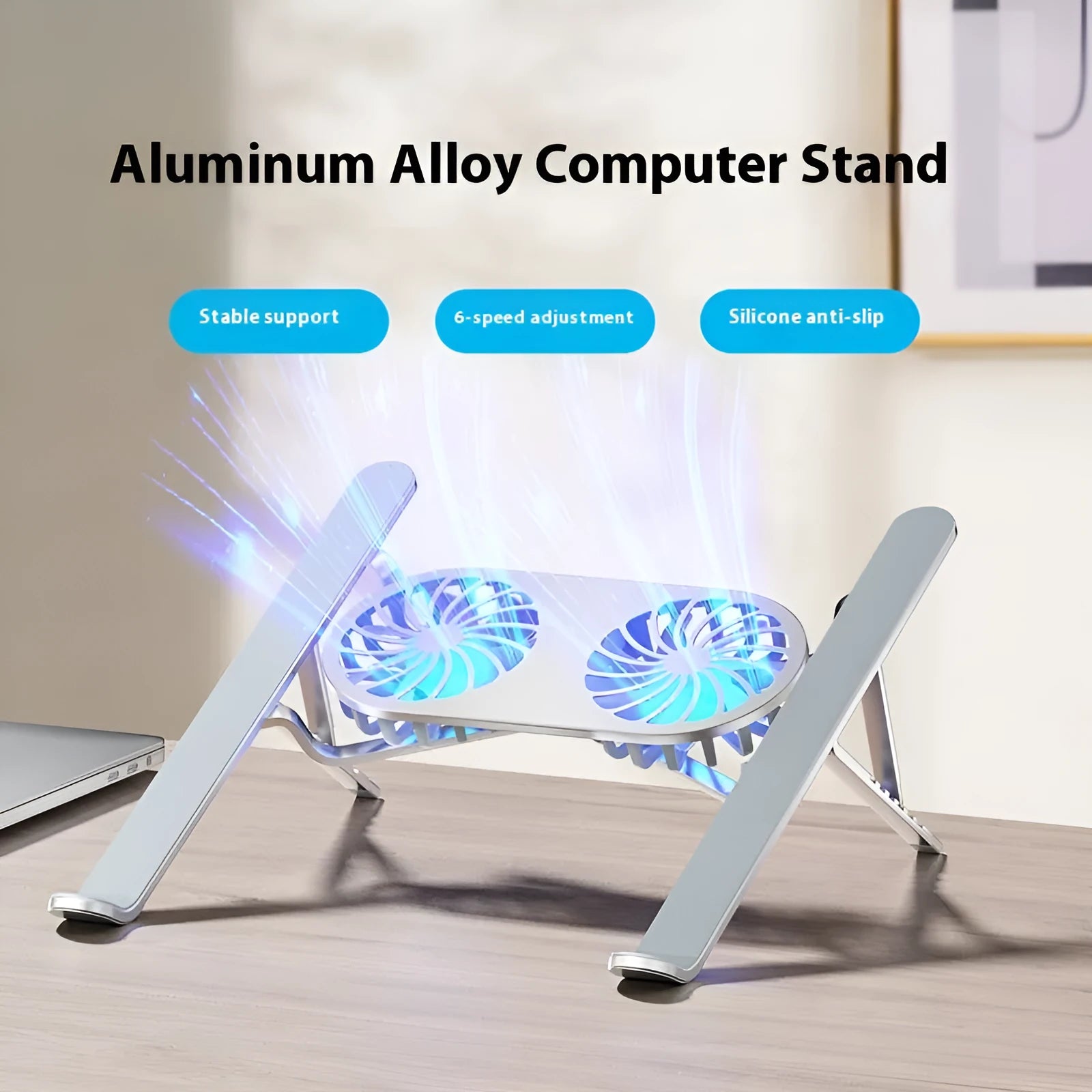 Aluminium alloy laptop cooling stand with twin fans and adjustable height mechanism in silver finish