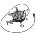 Silver stainless steel portable split camping stove with 100cm hose, folded to 155x125mm