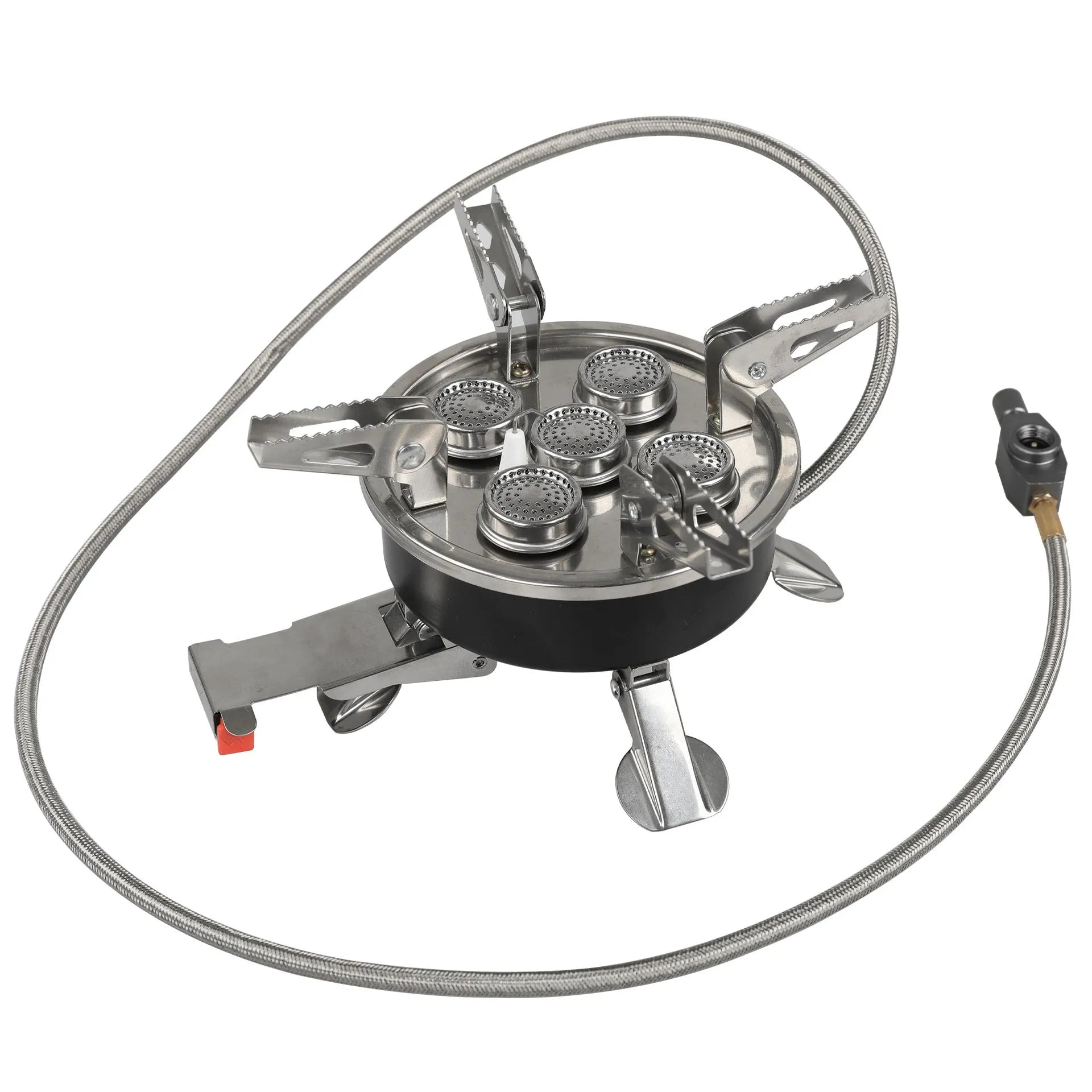 Silver stainless steel portable split camping stove with 100cm hose, folded to 155x125mm