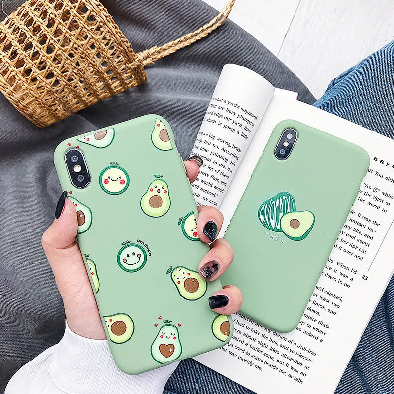 TPU phone case with a green painted cartoon avocado design on the back.