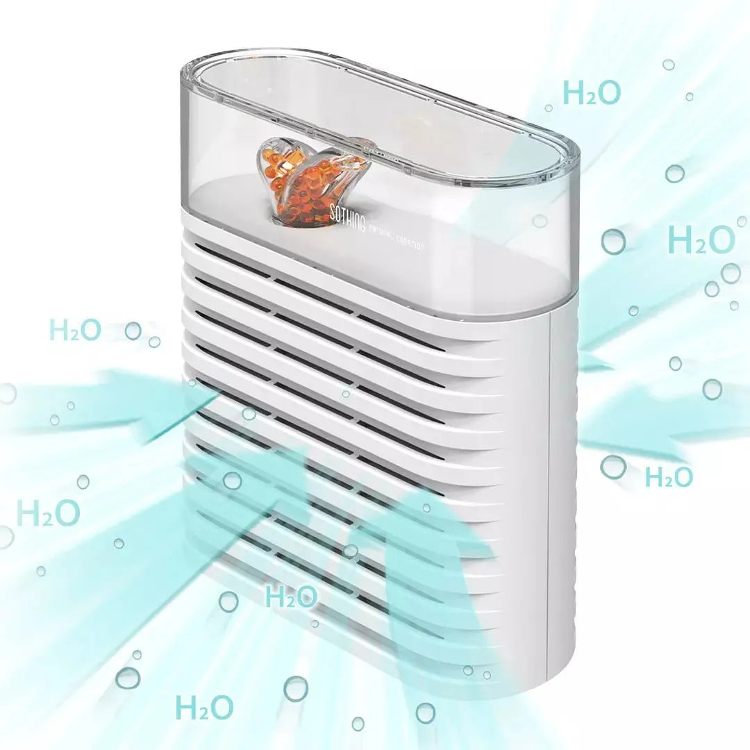 White recyclable cabinet dehumidification box with transparent top showing colour-change beads