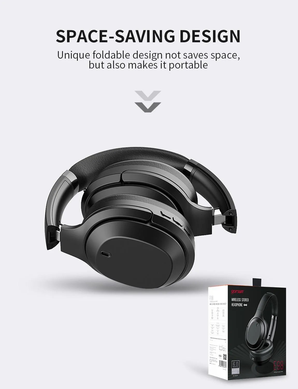 Black Gorsun E98 over-ear wireless Bluetooth headphones with memory-protein ear cushions and adjustable stainless steel headband.
