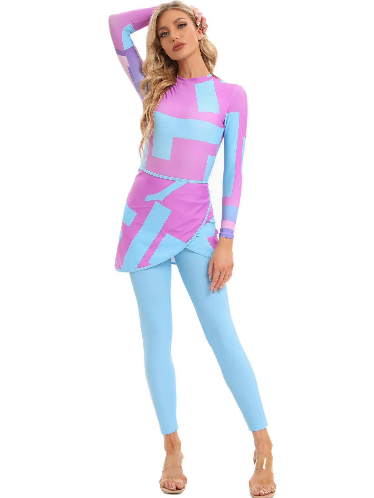 Muslim conservative beach swimsuit three-piece set with long sleeves and matching apron in polyester fabric