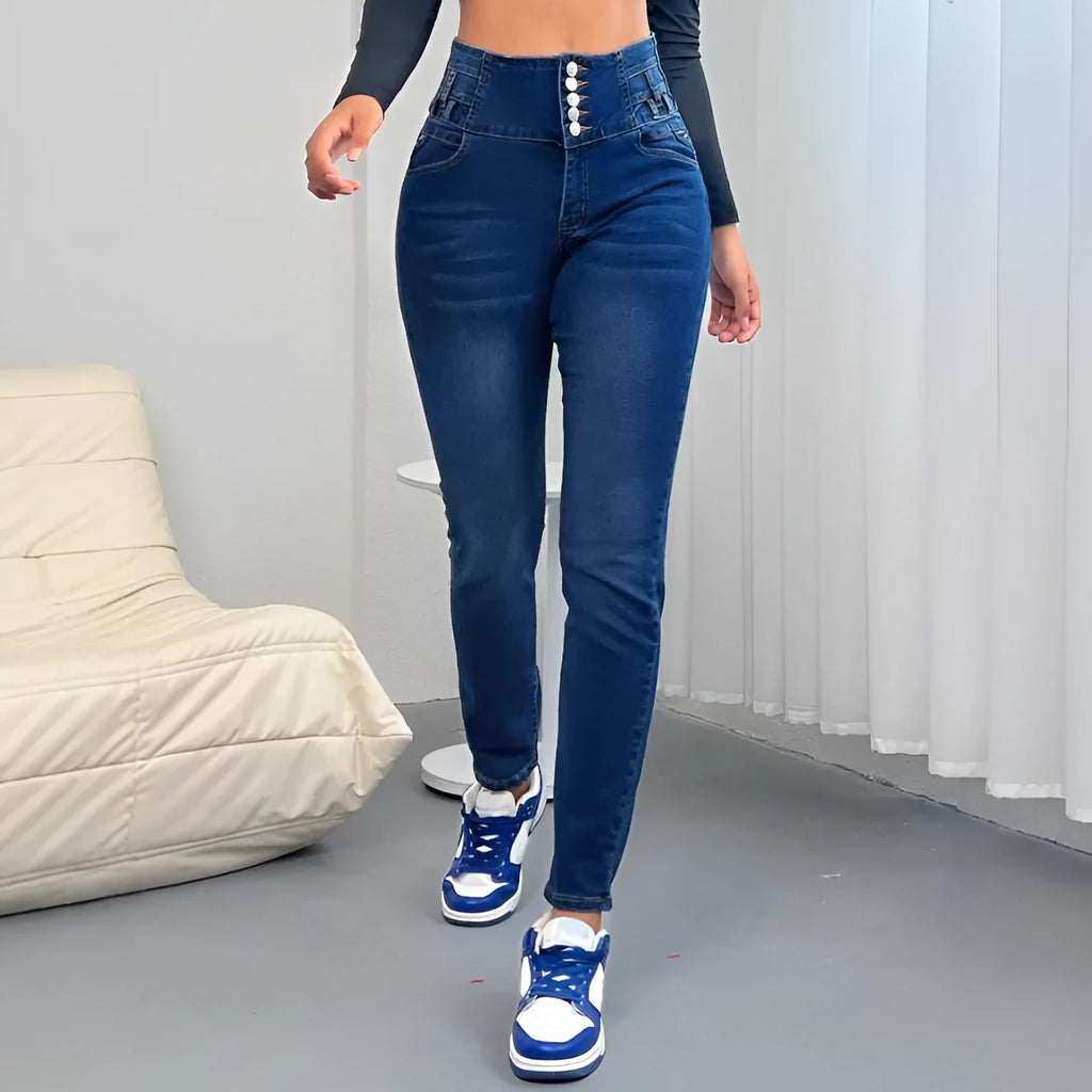Women's dark blue straight-leg denim trousers with hipster street style detailing
