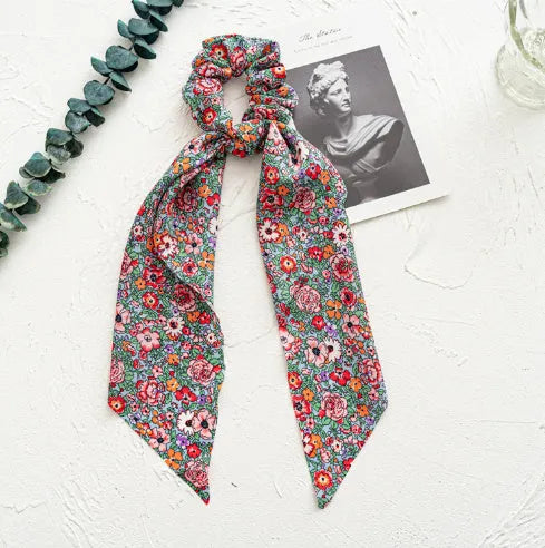 Spring green floral cloth hair ring with long ribbon accessory for women's hairstyles
