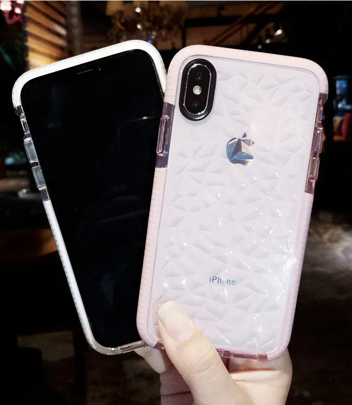 Striped TPU iPhone case shown in pink, white and black edge colour options