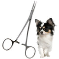 Close up of a 12.5cm stainless steel pet grooming plucking pliers for cat and dog fur removal