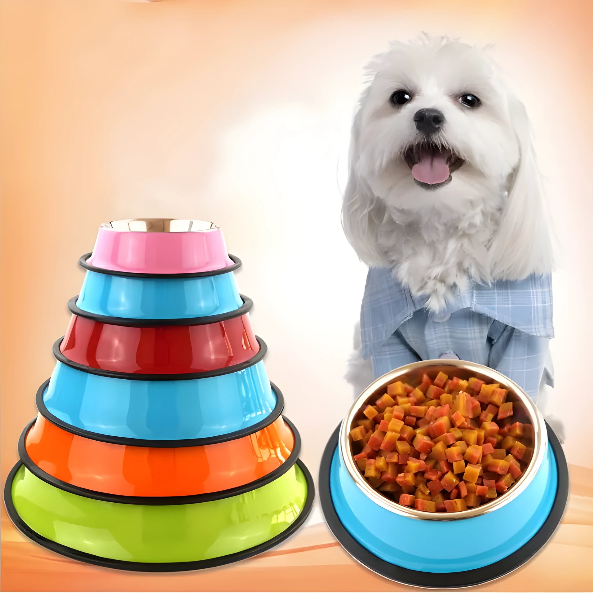 Stainless steel pet bowl with colourful melamine exterior showing dual compartment design