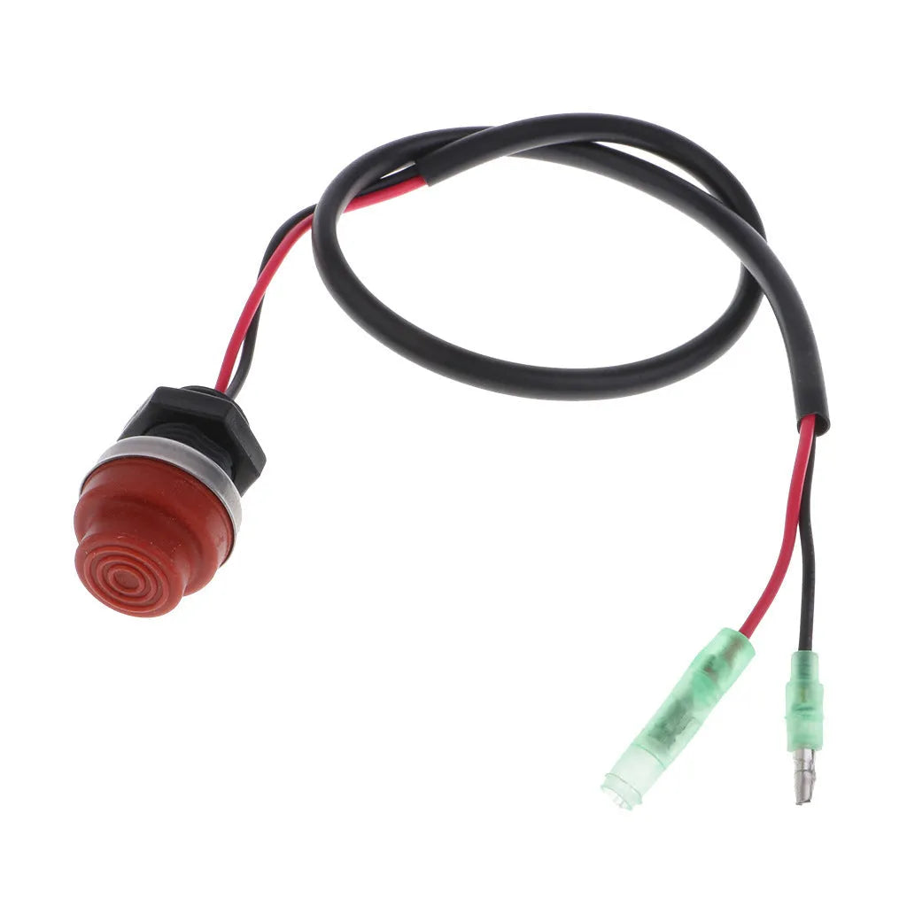 Yamaha outboard motor kill switch with coiled plastic and metal lanyard for engine safety.